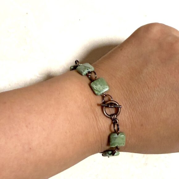 2/$20 Dark Green Serpentine Geometric Bracelet, Genuine Gemstone + Copper Links - Picture 10 of 11